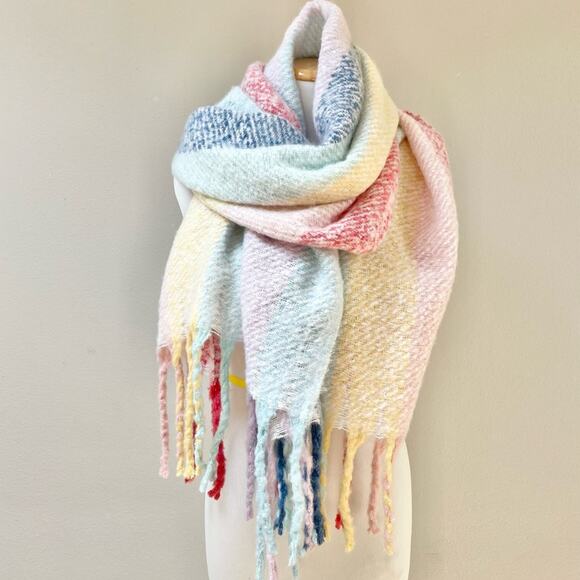 Renne's NYC Women's Soft Plush Scarf in Pastel Rainbow Rectangle Scarf w/ Fringe - Picture 2 of 10